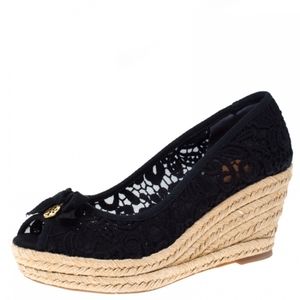 Tory Burch Black Lace Jackie Peep Toe Espadrilles Wedge Pumps Size 7.5